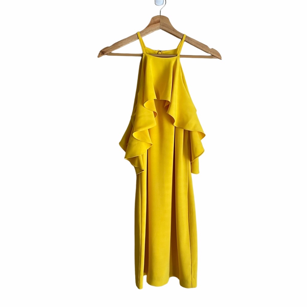 Trina Turk Yellow Ruffle High Halter Flutter Dress